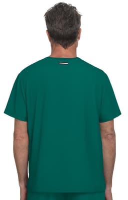 A green top featuring a simple design, viewed from the back. The product has a branding logo.