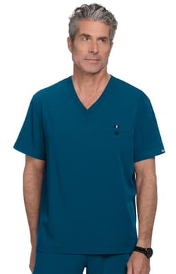 A scrubs top in teal, featuring a V-neck design and a pocket, with a logo on it.