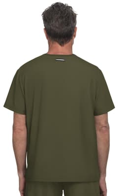 A green t-shirt with a simple design, viewed from the back, featuring a logo at the neck area.