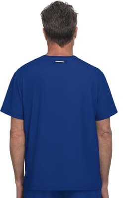 A blue t-shirt is displayed, featuring a plain back with a small logo at the top.