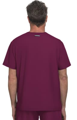 A maroon-coloured top featuring a simple design and a logo on the back.