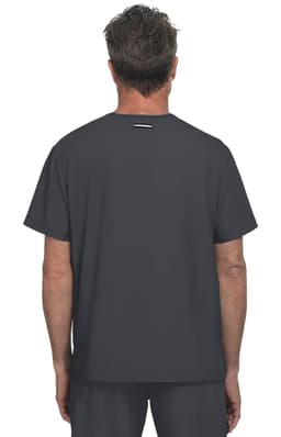 A grey short-sleeved top viewed from the back, featuring a simple design and branding on the neck.