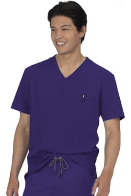 A purple scrubs top featuring a V-neck design and a chest pocket, worn by a smiling male model.