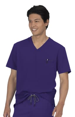 A purple medical scrub top featuring a v-neck and a front pocket, worn by a smiling male model.