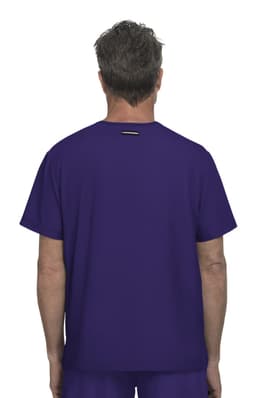 A purple T-shirt viewed from the back, featuring a simple design and a small logo at the neck.