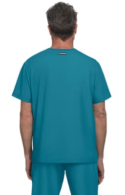A men's uniform top in teal, featuring a simple design and a logo on the back.