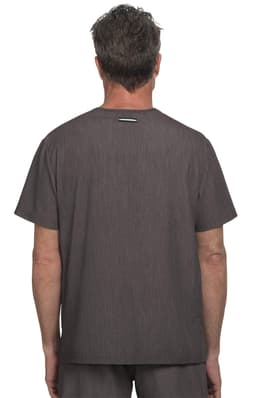 A grey scrub top for men, featuring a simple design and a logo on the back.