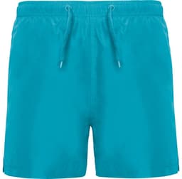Aqua swimming shorts in bright turquoise, featuring an elastic waistband with a drawstring and side pockets.