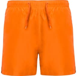 Bright orange swimming shorts featuring an elastic waistband with a drawstring and a subtle branding logo.