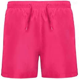 A pair of pink swim shorts with an elastic waistband and drawstring, featuring a logo.