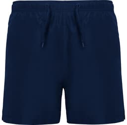Navy blue swimming shorts with an elastic waistband and a drawstring. Features a small logo.