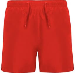 Bright red Aqua Swimming Shorts with an elastic waistband and drawstring, featuring a logo. Suitable for swimming activities.