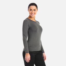 A grey long-sleeve underscrub tee for women, featuring a fitted design and a branding logo.