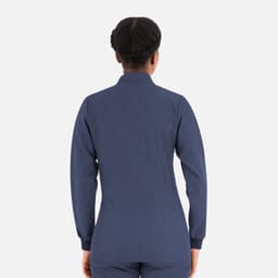 A women's warm-up jacket in navy blue with a high collar and long sleeves, featuring a logo on the back.