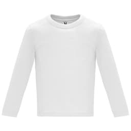 A white long-sleeved youth t-shirt featuring a crew neck design. Includes a small logo on the collar.