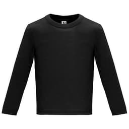 A black long-sleeved t-shirt for infants, featuring a logo on the collar area.