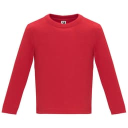 A red long-sleeved youth T-shirt with a simple design and a logo on the label.