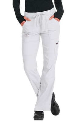 A pair of white pants with a drawstring waist and side pockets, featuring a logo on the fabric.