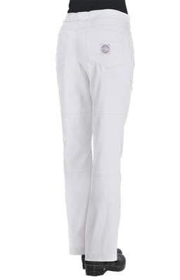 White pants with a back pocket, featuring a logo on the pocket. The trousers have a relaxed fit.