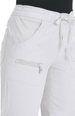 White pants featuring a drawstring waistband and multiple pockets. The fabric has a textured finish and includes branding.