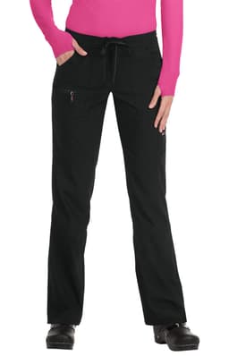 A pair of black pants featuring pockets, a drawstring waist, and a fitted design. There is a logo present.