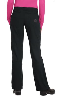 Black pants with a straight leg design, featuring pockets and a logo on the back, worn by a person in a pink top.