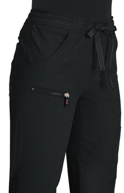 Black trousers featuring pockets and a drawstring waist, with a small logo on the side.