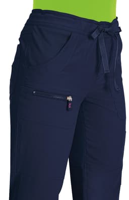 Navy blue pants with pockets and a drawstring waist; features a logo.