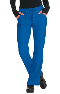 Blue pants with a relaxed fit, featuring pockets on both sides and a drawstring waist.