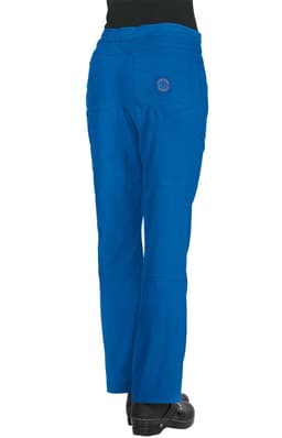 Bright blue pants with a straight-leg design and a rear pocket, featuring a logo on the back.