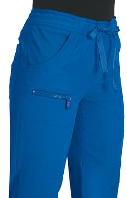 Blue pants featuring a drawstring waist and multiple pockets. The product includes a small zip pocket and has branding.