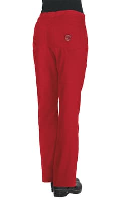 Red trousers with a logo on the back pocket, viewed from the rear.