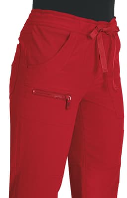 Red pants with a drawstring waist, pockets, and a zippered pocket on the side. The fabric appears soft and casual.