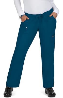 A pair of teal blue pants with a drawstring waist and pockets, featuring a logo on them.