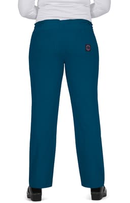 A pair of teal pants with a logo on the back pocket, viewed from the rear.