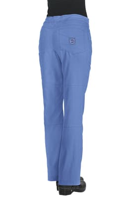 A pair of blue pants with a back pocket and a branding logo. The pants have a relaxed fit design.