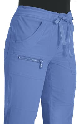 Light blue pants featuring pockets and a drawstring waist, with a zippered pocket and a logo visible.
