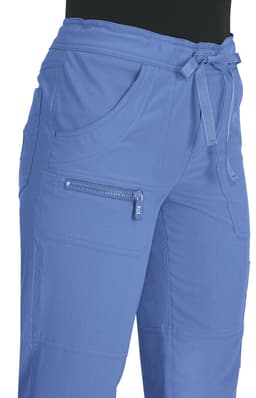Blue pants with a drawstring waist and multiple pockets, featuring a logo on the side.