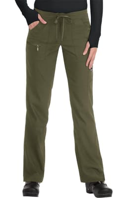 Olive green pants with a relaxed fit, featuring pockets and a drawstring waist, along with a logo.