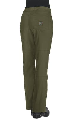A pair of olive green pants with a back pocket and a logo. The pants are straight legged with a relaxed fit.