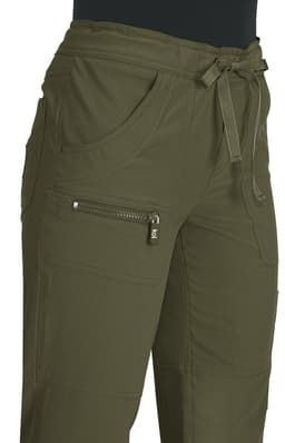 An olive green pant featuring a drawstring waist and multiple pockets, including a zippered side pocket.