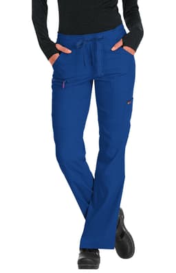 A pair of blue medical scrubs with an elastic waistband and pockets. Featuring a logo on the side.