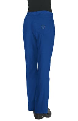 A pair of blue pants with a logo, featuring a relaxed fit and rear pockets.