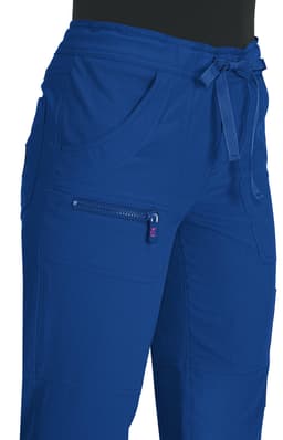 A pair of blue trousers featuring pockets and a logo, designed with a tie waist.