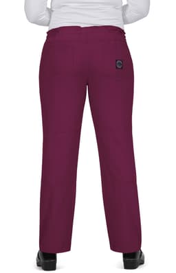 Maroon pants with a back pocket and a small logo, worn by a person facing away.