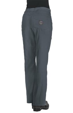 A pair of grey pants with a back pocket and a logo on the waistband.