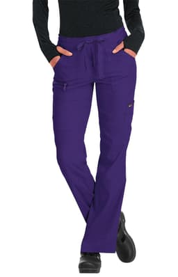 A pair of purple pants with pockets and a drawstring waistband, featuring a logo.