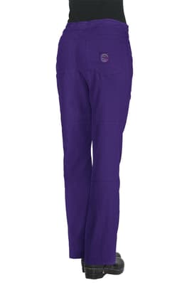 Purple pants with a back pocket, featuring a logo on the waistband, displayed on a model.