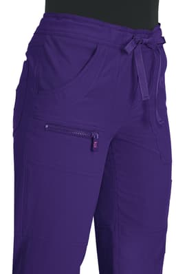 A pair of purple pants featuring pockets and a tie waist, with a small logo on the side.