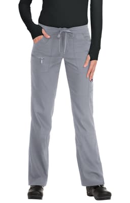 Grey pants featuring a drawstring waist and pockets, presented on a model. The product has a logo.